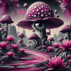 a mushroom house surrounded by pink flowers and water lilies in the middle of a forest