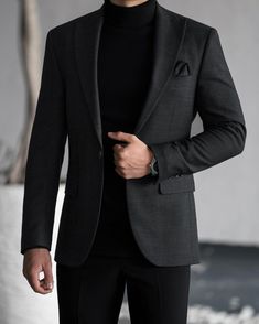 Style with cause. Dark Gray Blazer Outfit Mens, Dark Suits For Men, Black Suit Casual, Masculine Aesthetic, Black Men Suits, Luxury Suit, Best Man's Outfit, Dark Gray Suit