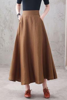 * Pure linen skirt* No liner* Two side pockets* Right hidden zipper closure* Little back elastic waist* High waist waist* A Line skirt, Maxi skirt* Perfect for Spring, Summer and Autumn* Wash by hand or machine with cold water* The model is 170 cm (5′ 7″) tall with a 80 cm (31.5") bust, 66 cm (26") waist. She is wearing in size XS SIZE GUIDESize vary between Brand and Country, How to determing right size for you ?1. Get your body measurement with our Size Guide2. Find your size in our Size Chart Brown A-line Skirt For Summer, Brown Midi Skirt With Pockets, Brown Flowy Maxi Skirt With Pockets, Casual A-line Skirt With Pockets, Solid Linen Relaxed Skirt, Casual Linen Skirted Bottoms, Relaxed A-line Skirt With Pockets, Relaxed A-line Maxi Skirt With Pockets, Relaxed Fit A-line Maxi Skirt With Pockets