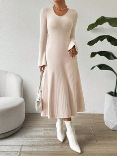 Women's Elegant Cinched Cinched Waist Details Flared Sleeve Knit Dress Apricot Casual  Extra-Long Sleeve Knitwear Plain  High Stretch  Women Clothing, size features are:Bust: ,Length: ,Sleeve Length: Modest And Classy Outfits, Long Winter Dresses, Simple Long Sleeve Dress, Modest Clothing, Extra Long Sleeves, Empire Waist Dress, Easy Trendy Outfits, Elegant Dresses Long, Sweater Dress Women