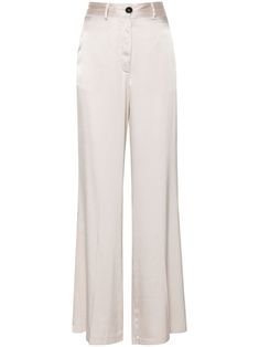 Pearl pink stretch satin trousers from Forte Forte with straight fit, zip and button fastening, waistband with belt loops, pockets on the sides and back. Satin Palazzo Pants, Versace Designer, Satin Trousers, Trousers For Women, City Dress, Gray Silk, Summer Beach Wear, Stretch Satin, Pearl Grey