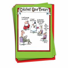 christmas group therapy greeting card with santa and snowman on the front, sitting in chairs