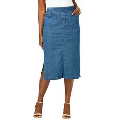 Jessica London Women's Plus Size Comfort Waist Stretch Denim Midi Skirt Elastic Waist Stretch Denim.The super comfortable waist youve been waiting for! This pull-on stretch denim skirt has an extra wide, all-around stretch waistband that wont bind, wont gap, and does the most to smooth out your waist for a streamlined look. Faux flySide pocketsSide slits29" length, hits below the kneeCotton/polyester/spandexMachine wash; imported . About the brand: Style To Live By. Jessica London specializes in Stretch Denim Skirt With Pockets, Straight Leg Stretch Skirt With Pockets, Medium Wash Denim Pencil Skirt With Pockets, Stretch Denim Skirt With Pockets, Knee-length, High Waist Denim Pencil Skirt With Pockets, Denim Pencil Skirt With Pockets For Spring, Spring Denim Pencil Skirt With Pockets, Stretch Denim Pencil Skirt With Pockets, Stretch Pencil Skirt With Pockets For Spring