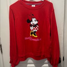 Disney Brand New Disney Sweatshirt Cute Long Sleeve Tops For Disney Fan Events, Casual Sweatshirt With Character Print For Disney Events, Disney Long Sleeve Sweatshirt For Fan Events, Casual Sweatshirt With Character Print For Disney Fan Events, Minnie Mouse Crew Neck Top For Disney Events, Casual Sweatshirt With Cartoon Print For Disney Fan Events, Casual Sweatshirt With Cartoon Print For Disney Events, Red Graphic Print Top For Disney Fan Events, Casual Long Sleeve Tops For Disney Fan Events