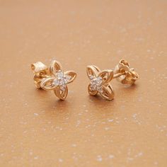 The pretty Eve Flower Studs sparkle with five central diamonds per earring, surrounded by beautiful petals. This flower stud is simplicity at its finest and is the perfect piece to add to your everyday wardrobe. Available in 10K and 14K yellow gold, white gold, and rose gold Length: 9.33 mm / Width: 9.24 mm - SI1 Diamond Clarity - H-I Diamond Color - Total Carat weight: 1/10 CT - Ethically sourced materials and conflict-free diamonds - Fully compliant with The Kimberley Process - Certificate of Small Earrings Design, Gold Small Earrings Studs, Ear Tops Gold, Stud Earrings Aesthetic, Gold Earrings Studs Simple, Unique Diamond Earrings, Latest Earrings Design, Kids Studs, Gold Earrings For Kids