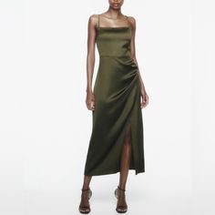 Nwt Zara Midi Dress Sz Large Dark Olive Green Satin Material Beaded Straps Wrap Style At Waist W Gathered Side Front Slit Zip In Back Has Tags Attached But Some Flaws From In Store/ Try On Pull Down Back And Small Flaw By Bottom Of Zipper Zara Midi Dress, Midi Wrap Dress, Bodycon Maxi Dresses, Khaki Dress, Pleated Midi Dress, Satin Midi Dress, Formal Style, Animal Print Dresses, Green Satin