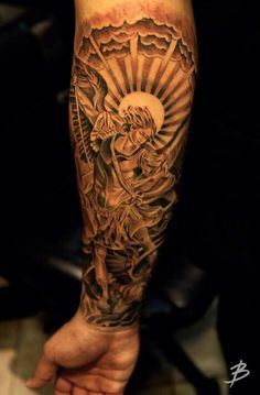 St. Michael the Archangel. This is going to be my first tattoo to start of my right sleeve . Lil B Tattoo, Forearm Tattoo Designs, Archangel Michael Tattoo, St Michael Tattoo, Michael Tattoo, Guardian Angel Tattoo, Archangel Tattoo, Female Tattoos, Men Tattoos