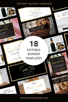 Editable Website Banner Templates that will elevate your online shop to the next level. This Gold Effect Website Branding Kit comes with 18 Web Banner Designs and allows you to edit all text and images to create stylish website header banner and product category banners. This DIY Shopify Banners Template has metallic gold effect and a modern layout. Create shop banners for your website or online boutique using this edit yourself web banners template set. Use for Squarespace banners, Wix banners Store Branding, Etsy Branding, Etsy Shop Banner