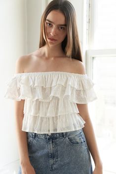 A woven eyelet off shoulder top Details: Self : 100% Cotton Size & Fit - Model is 5`9" And Wearing Size Small- Measurements Taken From Size Small- Approx. Length: 12 1/2" Spring Cotton Off-shoulder Top With Ruffles, White Off-shoulder Top With Ruffles For Day Out, White Ruffled Off-shoulder Top For Day Out, White Off-shoulder Crop Top For Day Out, White Cropped Off-shoulder Top, White Cropped Off-shoulder Casual Top, Casual Cropped Off-shoulder Top With Ruffles, White Casual Cropped Off-shoulder Top, White Off-shoulder Crop Top With Ruffles