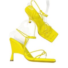 Store Sample/ New But Need To Be Cleaned Womens Size 39.5 Yellow Sandals With 4-inch Heel For Summer, Strappy Sandals With 4-inch Heel For Summer, Chic Yellow Square Toe Sandals, Summer Heels With 4-inch Square Toe, Summer Evening Wedge Sandals With 4-inch Heel, Designer Sandals With 4-inch Heel For Spring, Summer Sandals With 4-inch Heel, Formal Yellow Platform Sandals, Yellow Summer Evening Heels