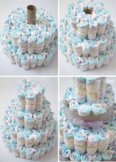 several pictures of different types of diapers stacked on top of each other in the shape of a cake