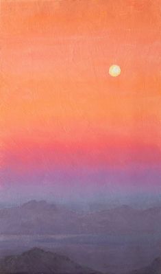 an orange and purple painting with mountains in the background