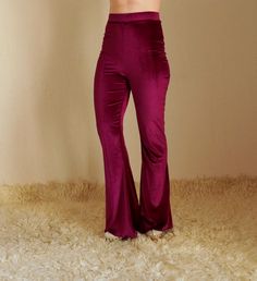 "Burgundy velvet high waist bell bottoms women I created this awesome purple high waist velvet bell bottoms from stretchy velvet.This cozy and so soft purple velvet bell bottoms will carry you to 70s. This cute stretchy bell bottoms are so comfortable and stylish.You can wear this stylish and trendy leggings to go to festival,school,club, yoga or special occasion. SIZE INCHES; Extra Small (US 0-2) (AU 6 ) (UK 6) Waist: 26\" In seam:31\" Out seam:46\" Leg opening:29\" Small (US 2-4) (AU 8) (UK 8) Flared Velvet Bottoms, Stretch Velvet Flare Bottoms, Full-length Velvet Bottoms For Night Out, Full Length Velvet Bottoms For Night Out, Fall Velvet Flare Bottoms, Fitted Velvet Pants For Winter, Fitted Velvet Winter Pants, Winter Fitted Velvet Pants, Winter Velvet Fitted Pants