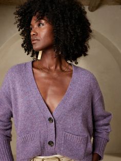 Lilla Brushed Cashmere Cardigan | Banana Republic Purple Cardigan Outfits, Lavender Cardigan, Cardigan Purple, Purple Cardigan, Cardigan Outfits, Silhouette Crafts, Spring Shirts, Spring Tops, Cashmere Cardigan