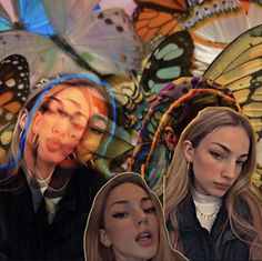 two women are surrounded by butterflies and one is looking at the camera with her eyes closed