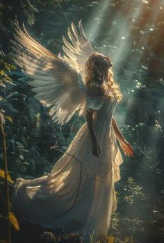 an angel standing in the middle of a forest with sunlight streaming through her hair and wings