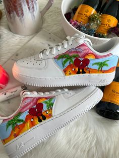 Hand Painted Bad bunny pr album cover on af1 sneakers womens sizes Turn around time is 2-3 weeks Bad Bunny Shoes, Sneakers Painting, Upcycle Shoes, Hand Painted Sneakers, Bunny Quotes, Bunny Theme, Hispanic Aesthetic, Bunny Shoes, Nike Shoes Air Force