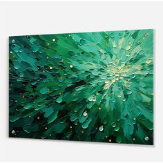 an abstract painting with green and gold dots on the bottom, surrounded by water droplets