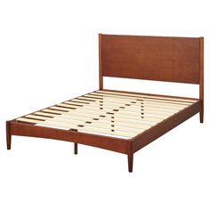 a bed frame with wooden slats and no headboard is shown against a white background