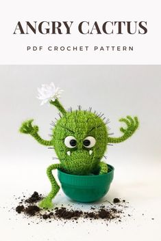 an angry cactus sitting in a green bowl with dirt on the ground and text overlay that reads, angry cactus