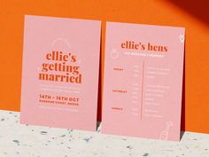 two pink cards with the words, ellie's getting married on them are sitting next to each other