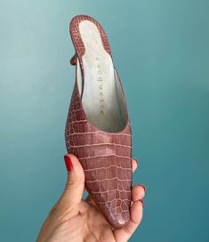 "Y2K, Cocquette, embossed leather, mauve mules with kitten heel. BRAND: Cocquette / Made in Italy MATERIAL: 100% Leather CONDITION: EXCELLENT, no notable flaws. SIZE: 36 European / Size 5 US MEASUREMENTS: SOLE WIDTH: 3\" SOLE LENGTH: 10\" HEEL HEIGHT: 2.25\" P.S: I love hearing from you...Please feel free to message me with questions! Instagram It: @taralynevansstudio Website: www.taralynevansstudio.com Etsy Shops: www.etsy.com/shop/TaraLynEvans www.etsy.com/shop/TaraLynEvansStudio Please read o Leather Heels With Crocodile Pattern For Spring, Spring Leather Heels With Crocodile Pattern, Spring Crocodile Pattern Leather Heels, Brown Leather Heels With Crocodile Pattern, High Heel Leather Heels With Crocodile Pattern, High Heels With Crocodile Pattern Leather, Leather Shoes Women, Questions Instagram, Mules Women