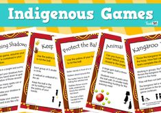 three printable game cards with the words indigenousus games on them and an image of people