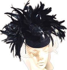 Black Feathered Hats And Headpieces For Kentucky Derby, Black Feathered Costume Hats For Kentucky Derby, Black Feathered Hats For Kentucky Derby, Fitted Black Fascinator With Feather Trim, Black Mini Hat With Feather Trim For Royal Ascot, Kentucky Derby Black Feathered Costume Hats, Black Feather Trim Mini Hats For Kentucky Derby, Black Mini Hats With Feather Trim For Kentucky Derby, Adjustable Punk Costume Hats And Headpieces