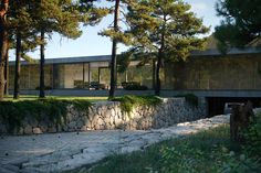 the house is surrounded by pine trees and stone walls, which give it a modern feel