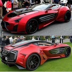 two pictures of a red sports car and people in the background looking at it from different angles