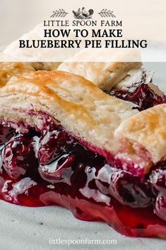 a close up of a piece of pie on a plate with the words little spoon farm how to make blueberry pie filling