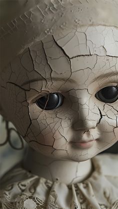 a close up of a doll's face with cracked paint on it