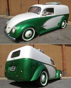 an old green and white vw bus parked in front of a building