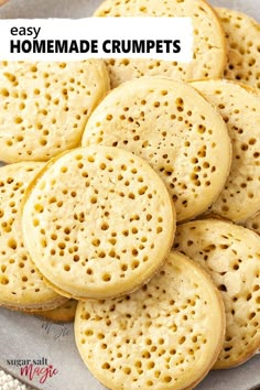 homemade crumbs on a plate with text overlay that reads easy homemade crumpets