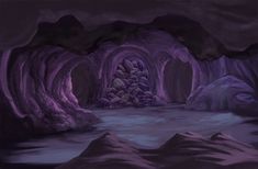 a cave filled with purple rocks and water