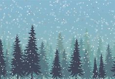 a snowy scene with trees and snow flakes