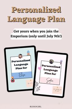 the personalized language plan is displayed on two ipads, one with an image of a