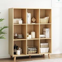 a wooden shelf with books and other items on it next to a potted plant