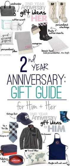 two year anniversary gift guide for him and her with the words 2 year anniversary on it