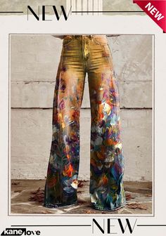 Women's Floral Print Casual Wide Leg Pants Multicolor Full-length Jeans For Summer, Multicolor Full Length Jeans For Summer, Trendy Multicolor Full-length Jeans, Multicolor Full-length Jeans For Spring, Casual Multicolor Full-length Jeans, Multicolor Full Length Jeans For Spring, Spring Multicolor Full-length Jeans, Multicolor Full-length Jeans With Pockets, Fall Multicolor Non-stretch Jeans