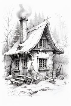 a drawing of a small house in the woods with a chimney and snow on the roof