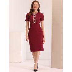 This tweed trim dress is crafted in a body-con fit with a short sleeve and button decor front. A summer-weather essential, this elegant dress is cut with tweed piped and back split hem. Occasion: wear to work, business, office, a job interview, cocktail, wedding guest, party, church, etc. Pair it with these high heels for elegant summer outfits. Elegant Buttoned Bodycon Dress For Work, Elegant Bodycon Dress With Buttons For Work, Fitted Bodycon Dress With Buttons For Work, Elegant Fitted Short Sleeve Tweed Dress, Fitted Short Sleeve Tweed Dress With Buttons, Fitted Tweed Dress With Buttons And Short Sleeves, Elegant Bodycon Dress With Button Closure For Work, Knee-length Tweed Dress With Button Closure, Knee-length Buttoned Tweed Dress For Office