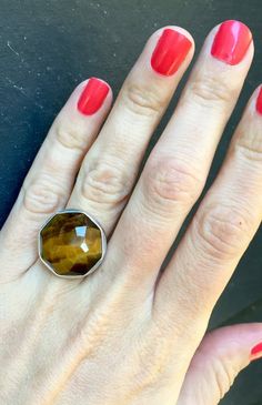 Elegant Octagon Brown Gold Tiger Eye Geometric Statement Ring Eye Geometric, Gold Tiger, Gold Tiger Eye, Golden Tiger, Sterling Silver Rings Bands, Tiger Eye Stone, Eye Ring, Boho Ring, Half Dome