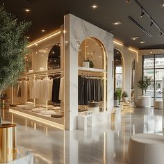 the interior of a clothing store with white marble walls and gold trimmings on display