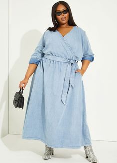 Light wash denim is the ultimate summer essential so take advantage of the great design of this chambray maxi dress that mixes the aesthetics of a classy wrap dress with denim shirt features. Dress With Denim Shirt, Classy Wrap Dress, Denim Dress Plus Size, Maxi Denim Dress, Jean Dresses, Maxi Dress Plus Size, Denim Maxi Dress, Outfit Collage, Jean Dress