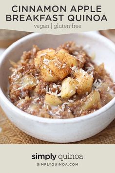 cinnamon apple breakfast quinoa in a white bowl with text overlay that reads, cinnamon apple breakfast quinoa vegan gluten free