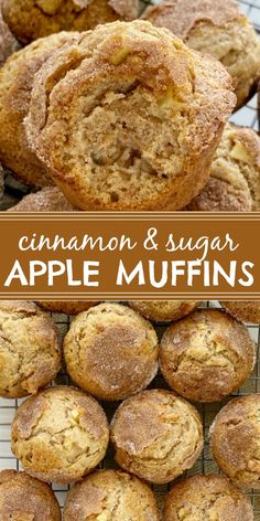 cinnamon and sugar apple muffins on a cooling rack with the title above it