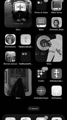 black and white photo of an iphone screen with various icons on it, all in different colors