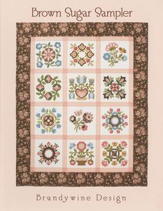 the cover of brown sugar sampler, featuring flowers and hearts in squares on a pink background