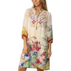 Nwt Johnny Was Wysteria Floral Multicolor Embroidered Dress Sz M Sold Out With Its Flattering Silhouette And Beautiful Floral Print, The Johnny Was Wysteria Dress Is The Perfect Summer Statement Piece. Made From Rayon, This Luxurious Mini Dress Is Breezy And Laid-Back, Making It The Perfect Piece To Team With Sandals On Off-Duty Days. The Dress Features A Relaxed Collar, Button Placket And Elbow Length Sleeves. 100% Rayon Relaxed Collar Button Placket Elbow-Length Sleeves All-Over Floral Print S Silk Dresses With Floral Embroidery, Summer Silk Midi Dress With Floral Embroidery, Spring Printed Silk Dress, Multicolor Silk Tunic, Silk Beige Vacation Dress, Beige Silk Dress For Vacation, Silk V-neck Embroidered Dresses, Spring Beach Silk Dress, Pink V-neck Tunic For Spring